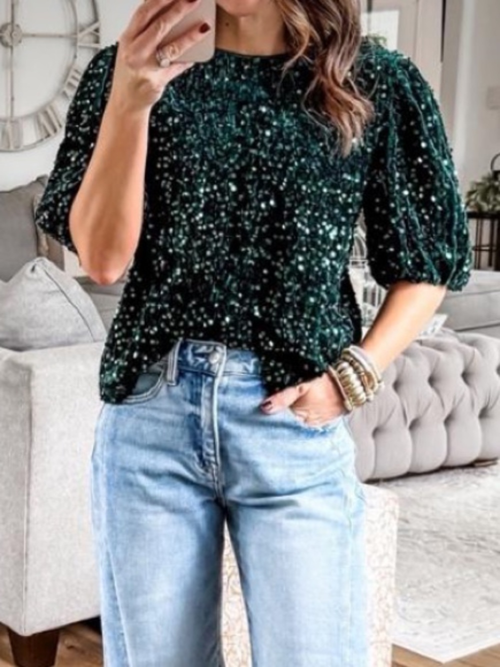 Dark Green Speckled sequins Puff-Sleeve Knit Top🚌